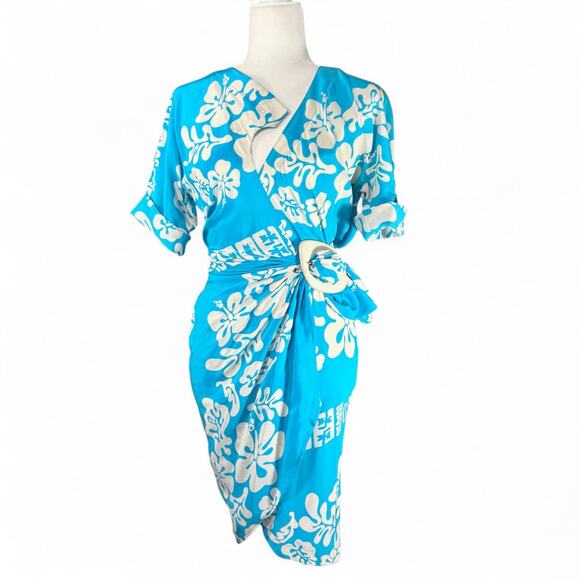 VTG Thierry Mugler 1990 Eté Hawaï Collection Tropical Silk Wrap Dress Blue 36 S - Picture 6 of 16